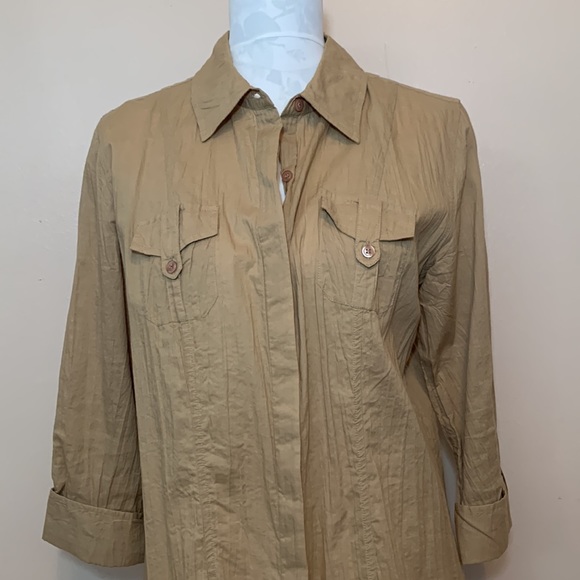 Style &co. 100% Cotton 3/4 Tabbed Sleeves Tan Button Down Shirt - Picture 3 of 10